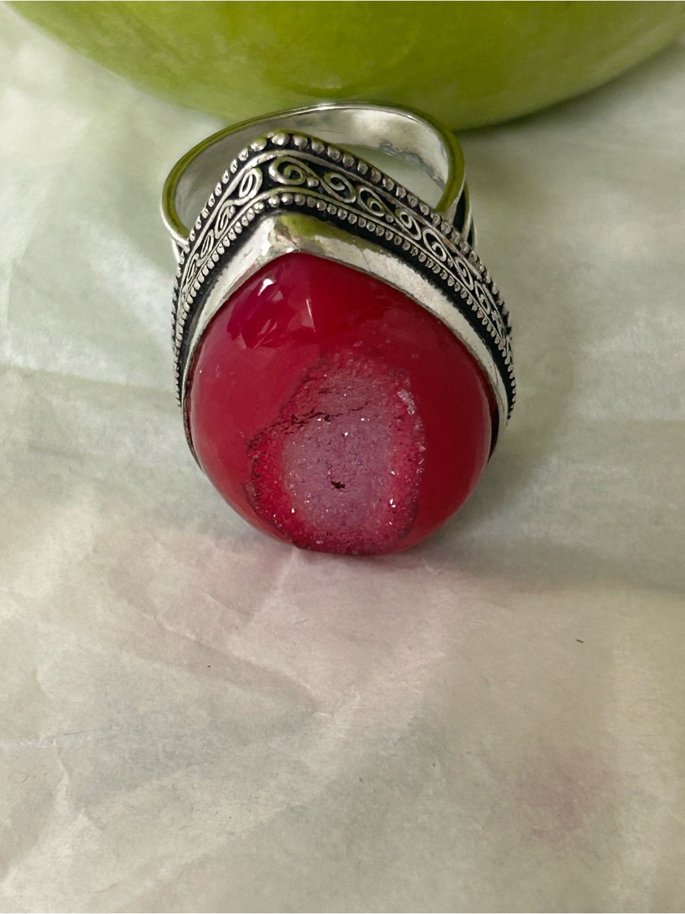 Handcrafted Red Druzy Teardrop Ring - Silver Tone